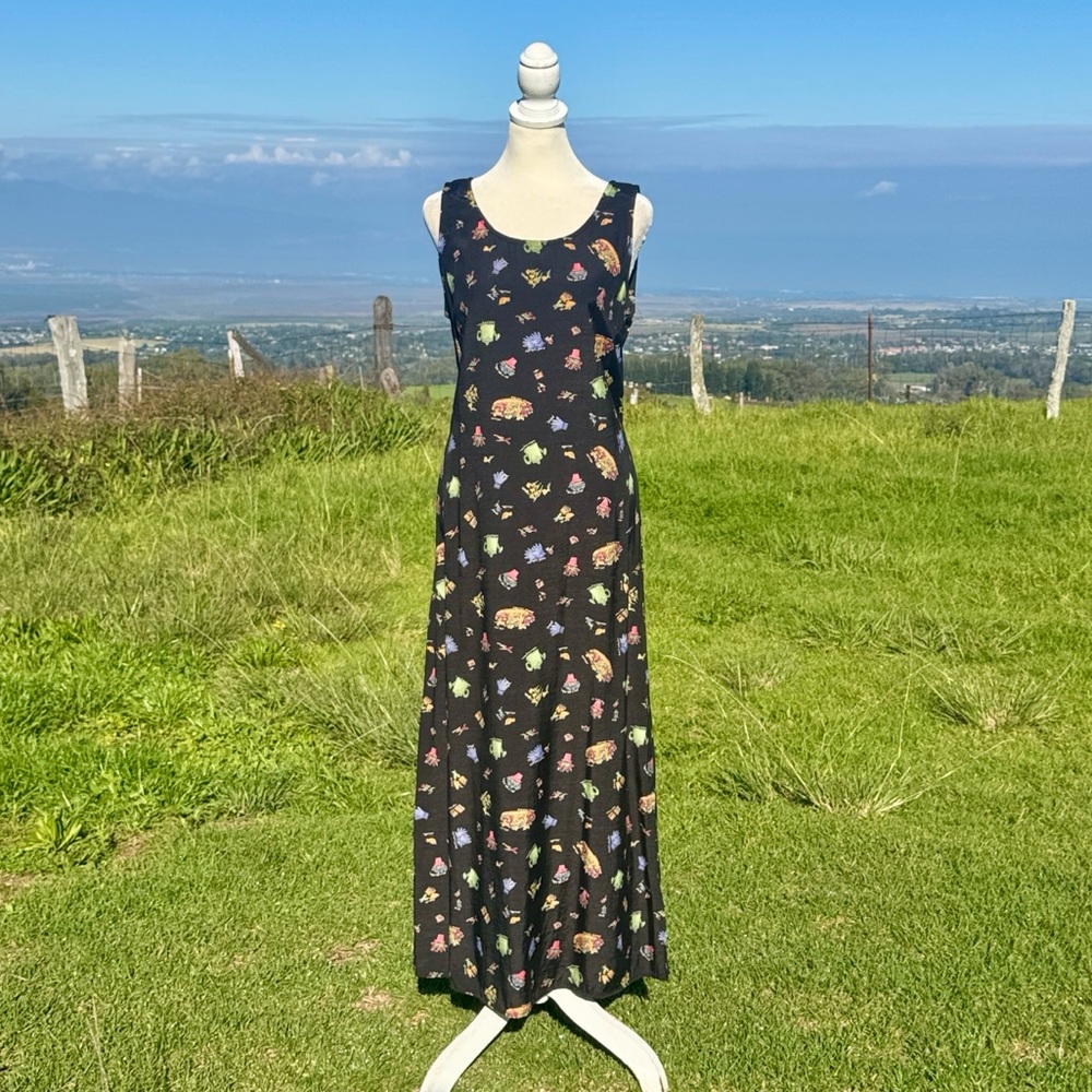 Vintage Y2K 90s Nina Piccalino Black French Garden Girl Sleeveless Maxi Dress 8